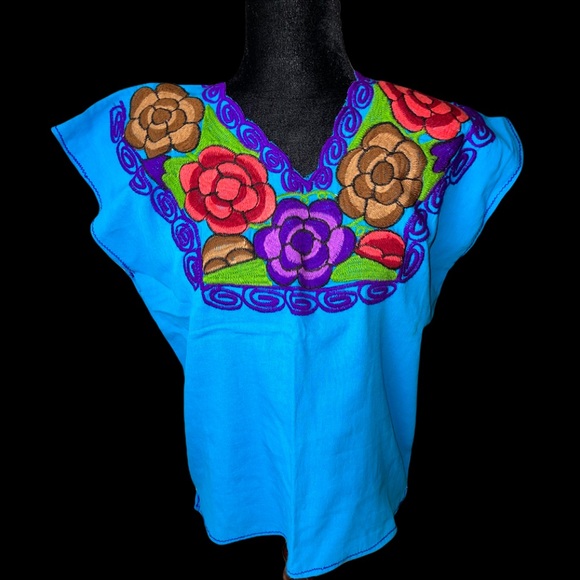 Mexican Hand Embroidered Tops - Hand Embroidered Traditional Mexican Shirt Mexican Huipil Chiapas Boho